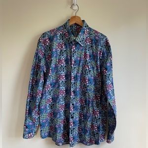Alan Flusser Men’s Blue Purple Geometric Floral Button-down Large